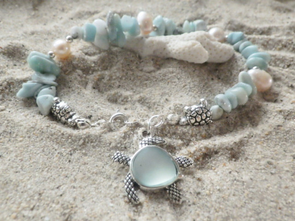 【再販】*sv925*Honu & Larimer Beach Bracelet ホヌとラリマーのブレスレット 8枚目の画像