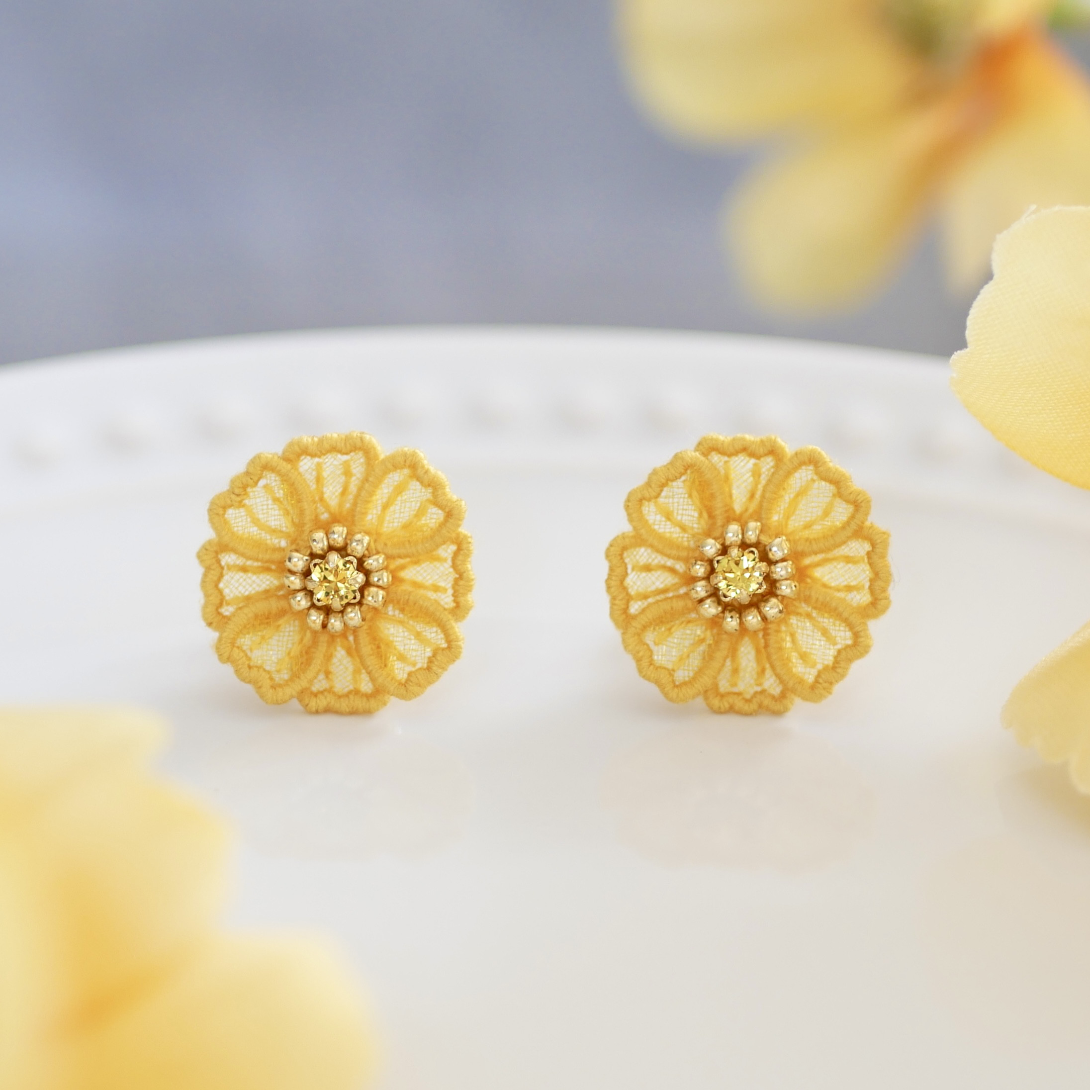 ※おはな/SWAROVSKI/まとめ売り/ピアス/ブルー/黄色い花