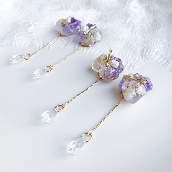 大粒アメジスト淡水パールとジルコニアのピアス
