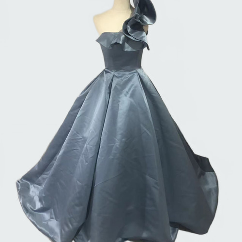 ウェディングドレス カラードレス ブルー ショルダー型 取り外し 光沢  