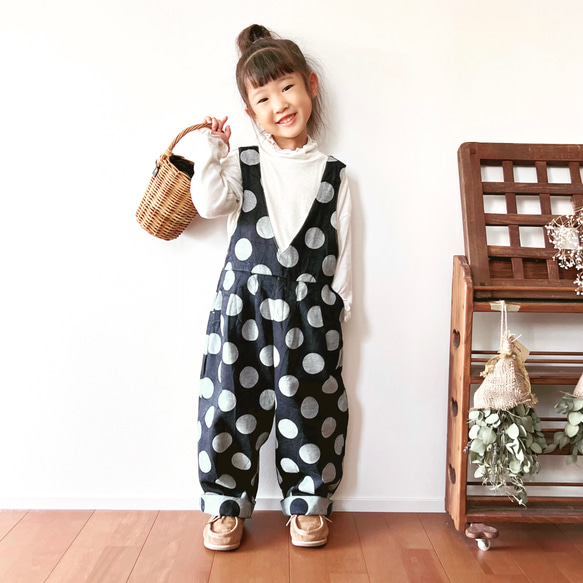 LIZLISA 希少 ドット柄 デニム 裾バルーン サロペット 大きなドット』児島デニムのサロペット 子供服 Mymade 通販 14541072