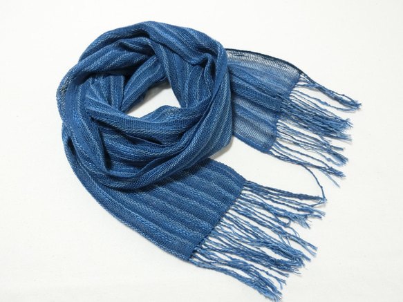 藍染手織り綿麻コットンストール　細カツオ縞 2枚目の画像