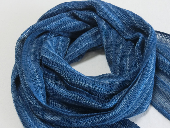 藍染手織り綿麻コットンストール　細カツオ縞 1枚目の画像