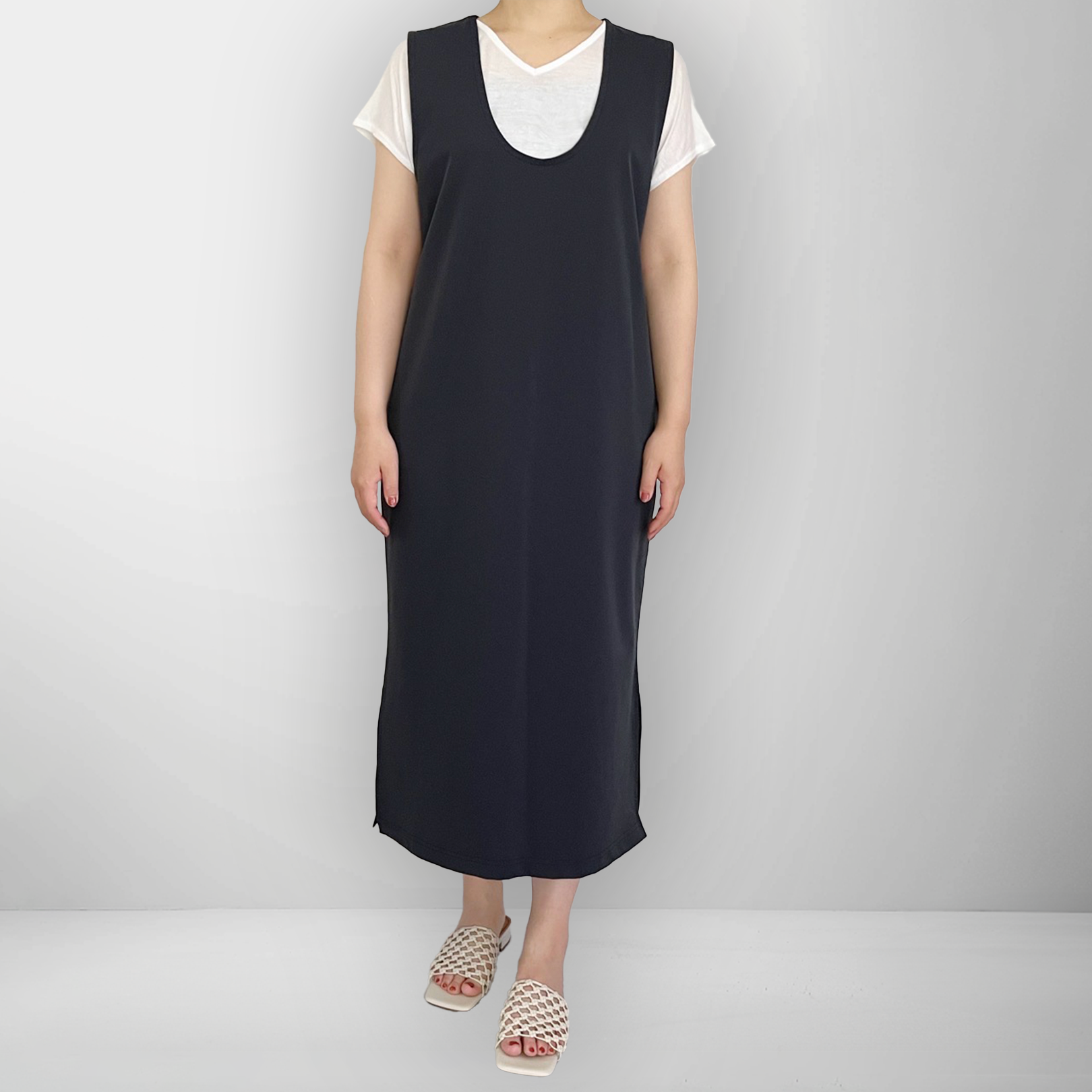 【人気シリーズ】楽ちん×体型カバー◎ Uネックジャンパースカート｜ネイビー