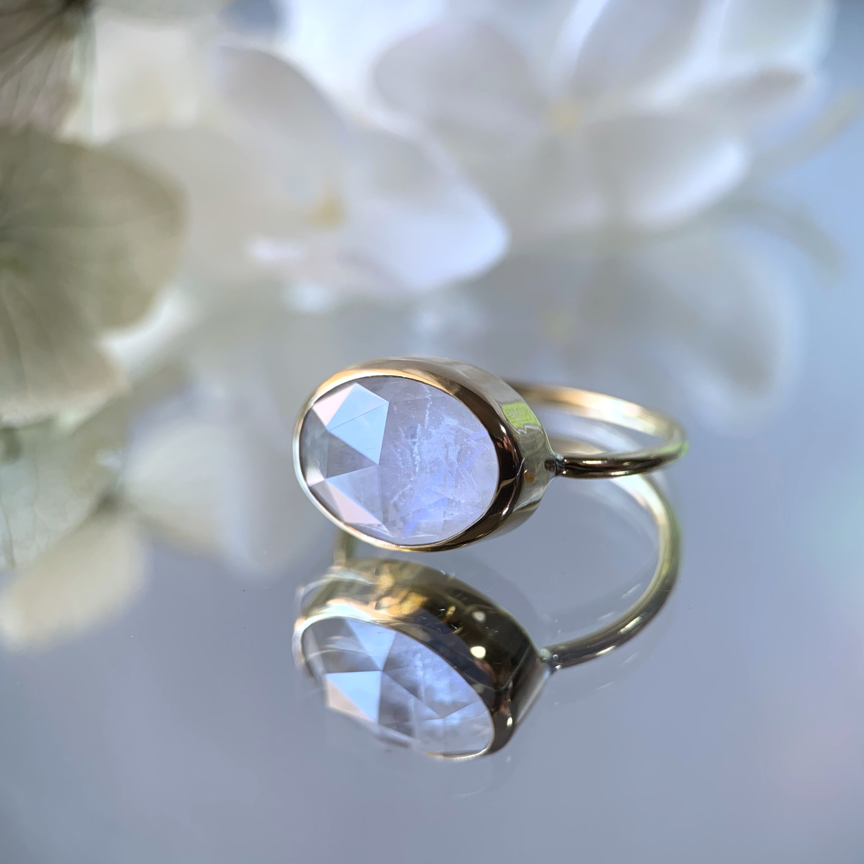 【受注制作】レインボームーンストーン × ローズカットクォーツ　ダブレットストーンリング（真鍮・silver）