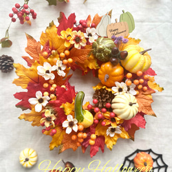 専用＊Halloweenミニパンプキン＆グリーンホオズキ  ドライフラワーリース 秋色あざやか♡ Happy Halloween パンプキンリース ＊33cm＊ アート