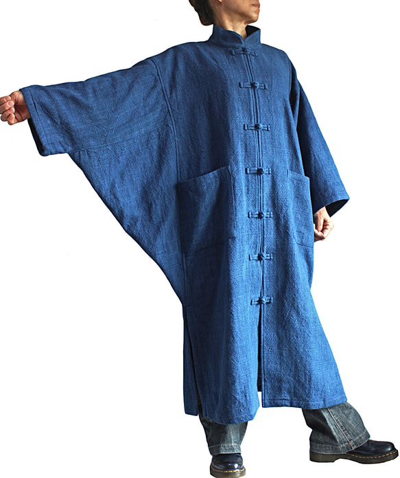 ざっくりジョムトン手織り綿チャイナカラー和風ロングコートインディゴ染め（JFS-065） 5枚目の画像