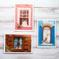 ポストカード３枚セット〈窓辺の猫〉～おしゃれな窓から覗くサバトラちゃん～ 1枚目の画像
