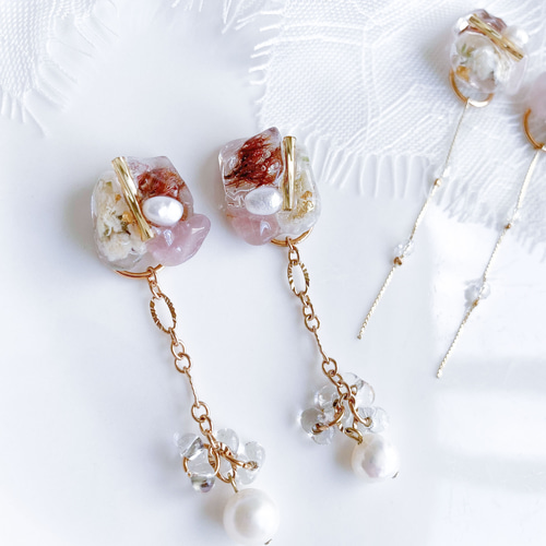 完売 シンプル・華やかどちらにも＊天然石と淡水パールの鉱石風2way ピアス