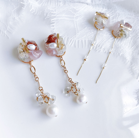 ☆❤️ 天然石　水晶　羽　ウィング　薔薇　ピアス　イヤリング　ハンドメイド ☆❤️ 天然石 水晶 羽 ウィング 薔薇 ピアス イヤリング