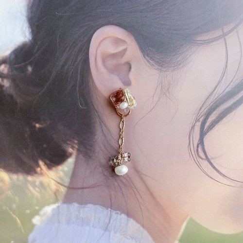 シンプル・華やかどちらにも＊天然石と淡水パールの鉱石風2way