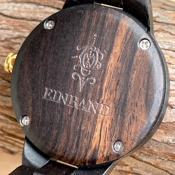 【木製腕時計】EINBAND Prima マザーオブパール×スワロフスキー エボニーウッド ブルー文字盤 34mm 5枚目の画像
