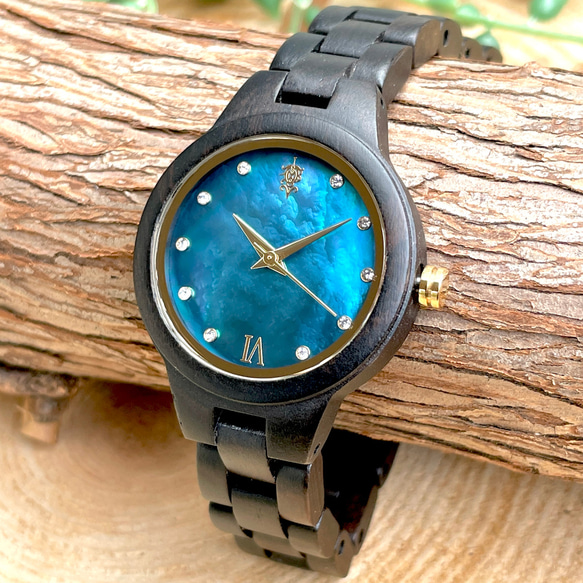 【木製腕時計】EINBAND Prima マザーオブパール×スワロフスキー エボニーウッド ブルー文字盤 34mm 2枚目の画像
