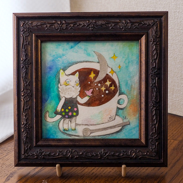 原画『月と珈琲-銀猫と水連鳥』日々を愉しむちいさな絵　額装品 1枚目の画像