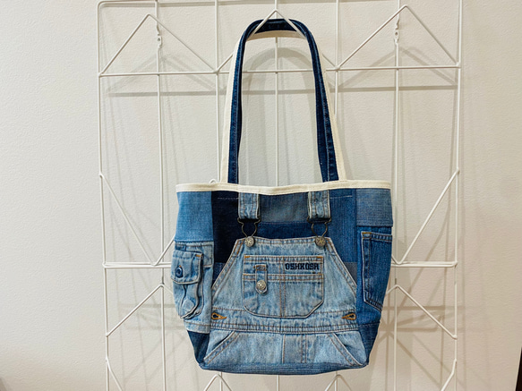 565 大きめ　デニムリメイクバック　ハンドメイド 大きめデニムリメイクバッグ（LL）No.764☆トートバッグ