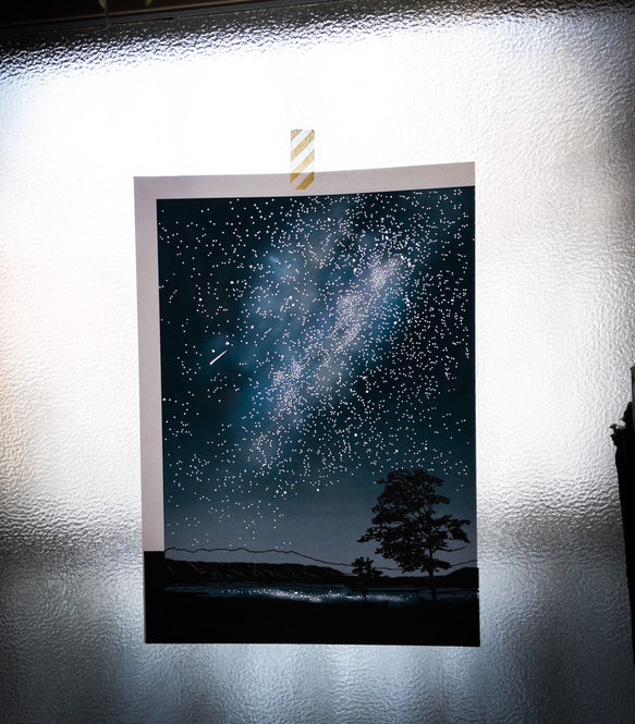 切り貼り絵「星空 湖畔」原画のみ A4サイズ 風景 フルカラー 切り絵