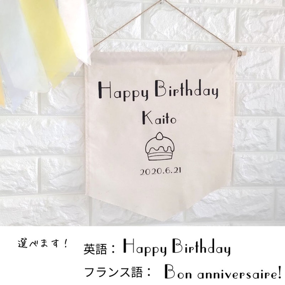 【ひかり様専用】オーダー：誕生日タペストリー ケーキA 日付・ネーム入れ 英語 フランス語 オーダーフラッグ 7枚目の画像