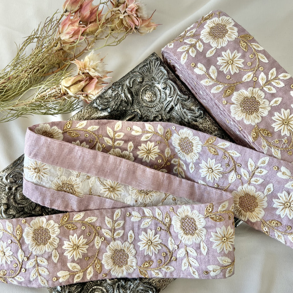 50cm  インド刺繍リボン  シルク  草花柄  #ms6 5枚目の画像