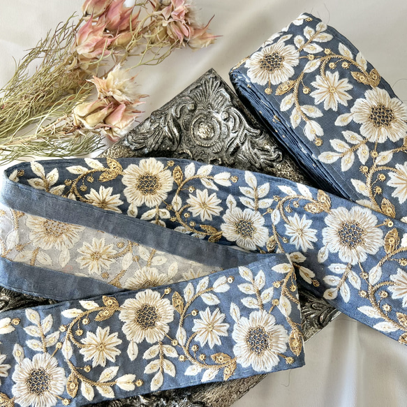 50cm  インド刺繍リボン  シルク  草花柄  #ms6 7枚目の画像