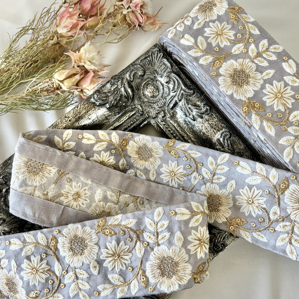 50cm  インド刺繍リボン  シルク  草花柄  #ms6 6枚目の画像