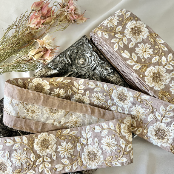 50cm  インド刺繍リボン  シルク  草花柄  #ms6 4枚目の画像
