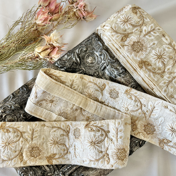 50cm  インド刺繍リボン  シルク  草花柄  #ms6 3枚目の画像