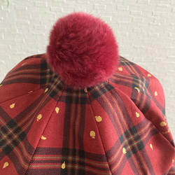 ベビーちゃんセットアップぽわん袖ワンピース赤系チェック&ほっこりベレー帽リアルラビットファー付 8枚目の画像