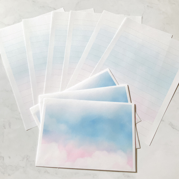 ①【淡い空】　レターセット　紙もの　便箋　かわいい　ピンク　ブルー 1枚目の画像
