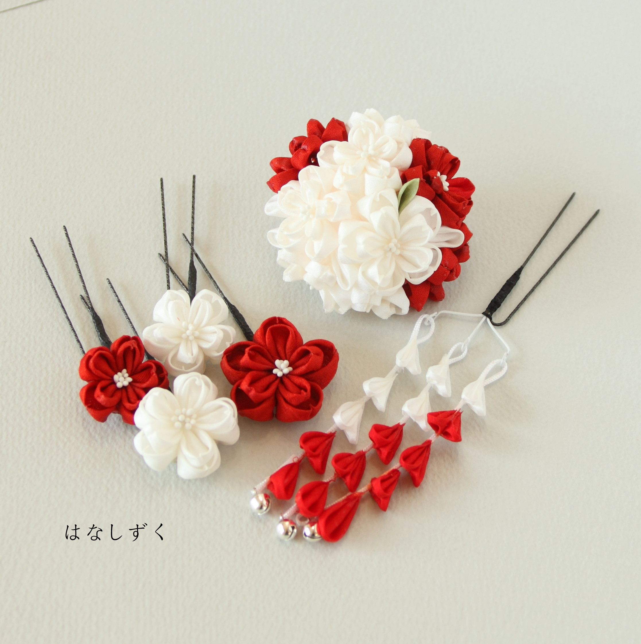 正絹羽二重　紅白八重桜6点セット