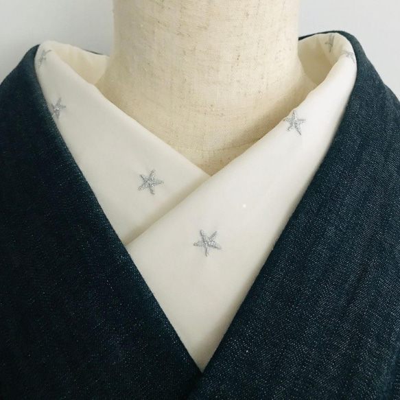 キナリ地に銀糸の星柄刺繍 カシオペヤ コットン半衿 ハンドメイド半襟 9枚目の画像