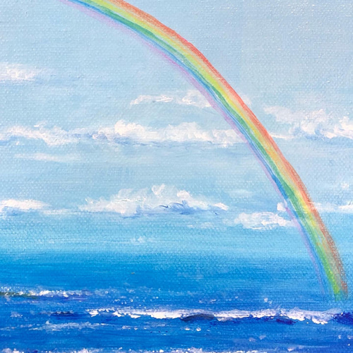 油絵 ミニキャンバス オリジナル「虹と海」送料無料 絵画