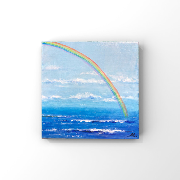 油絵 ミニキャンバス オリジナル「虹と海」送料無料 絵画