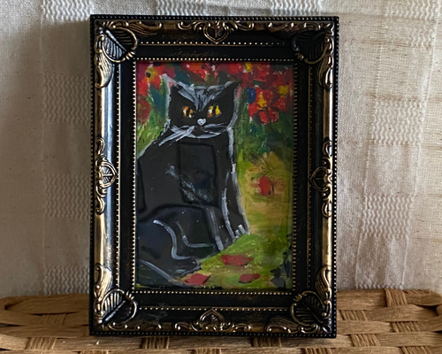 絵画。原画手描き【美しい谷の赤い花の海の黒猫】 絵画 アカザ麦