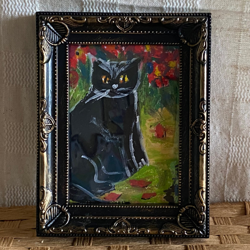 絵画。原画手描き【美しい谷の赤い花の海の黒猫】 絵画 アカザ麦
