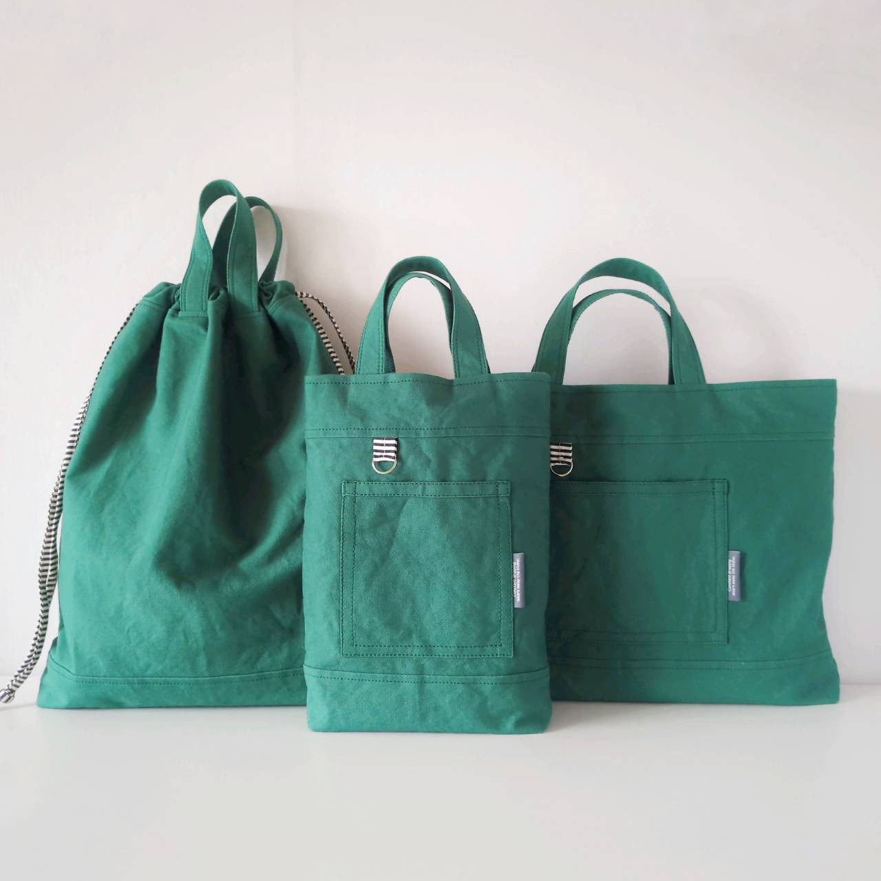シンプル3点セット*くすんだ緑＊ボーダー　レッスンバッグ＆シューズケース＆体操服袋　入園入学　斜め掛けバッグ