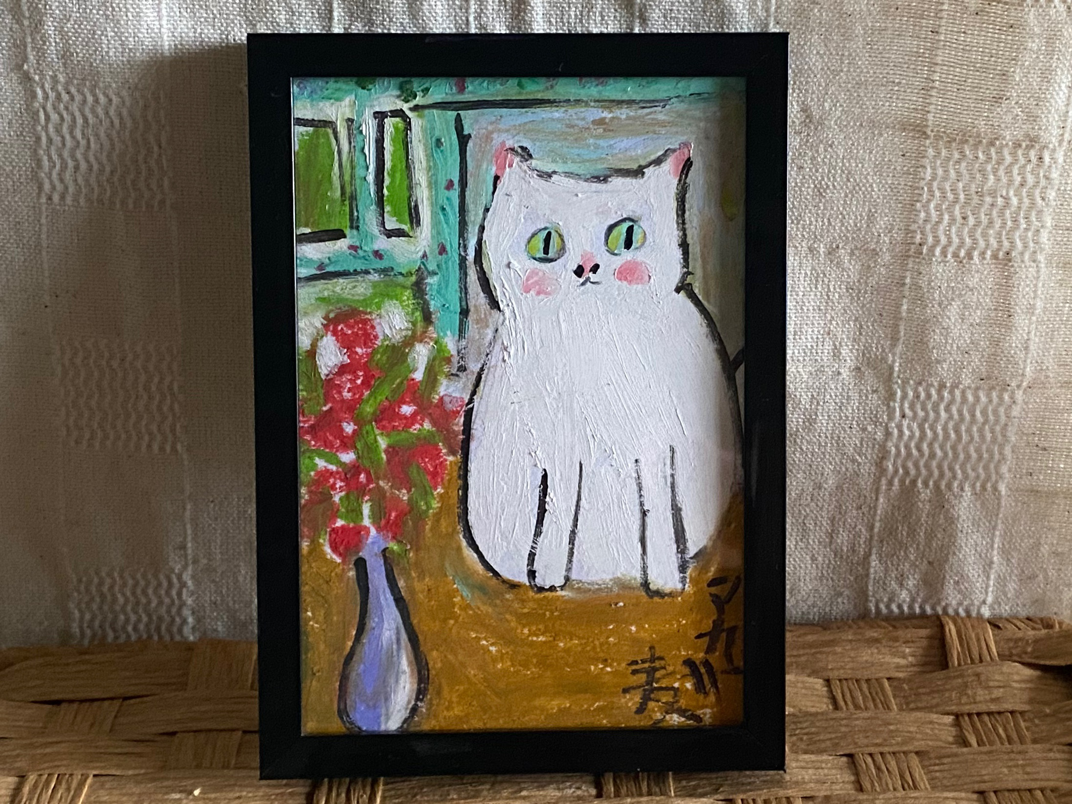 絵画 。壁掛け絵【部屋の中で花瓶を片付ける少女とかわいい白猫ちゃん】 絵画 。壁掛け絵【部屋の中で花瓶を片付ける少女とかわいい白猫