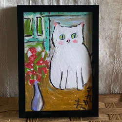 絵画。壁掛け原画【ピアノの部屋の椅子の上の白い猫と美しい花】 絵画。壁掛け絵原画手描き【ヨーロッパ風の椅子と白い猫】01