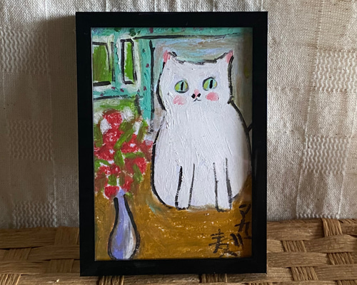 絵画 。手描き【かわいい猫たちが花、ワイン、果物のテーブルを囲んでいる】 絵画 。手描き【かわいい猫たちが花、ワイン、果物のテーブルを