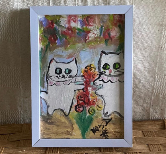 花畑猫　油彩画 原画　ミニ絵画　オリジナル　猫　花 花畑猫油彩画 原画ミニ絵画オリジナル猫花