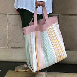 コンパクトおかいのもかばん　秋色マルチストライプ＆ピンク　　受注製作 1枚目の画像