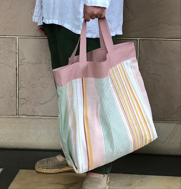 コンパクトおかいのもかばん　秋色マルチストライプ＆ピンク　　受注製作 1枚目の画像