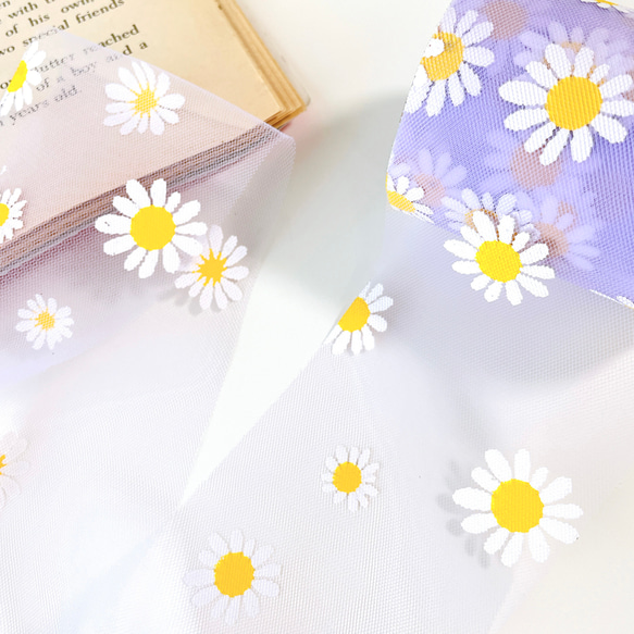 パステルカラーのデイジー　花柄チュールリボン《単位1ヤード》 ホワイト　ブルー　パープル　ピンク　小花　コスモス　幅広 8枚目の画像