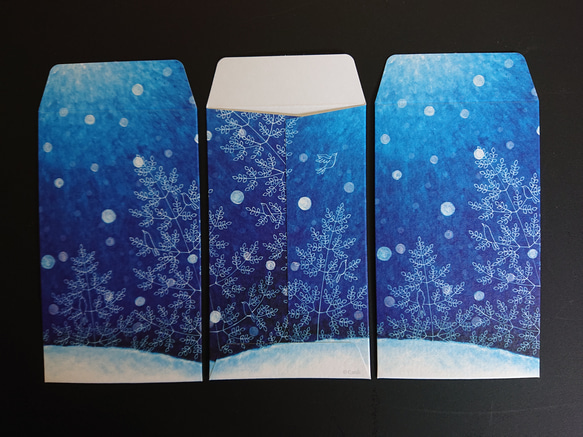 ぽち袋４枚セット 雪の青い森と小鳥 2枚目の画像