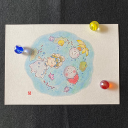 A5イラスト 水に浮かぶ仏ちゃん 蓮の花 お地蔵さん 観音さん イラスト