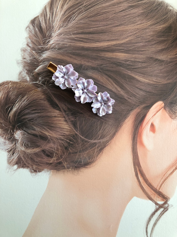 フラワー お花 カボション ライトパープル  髪留め ヘアクリップ  ハンドメイド 3枚目の画像