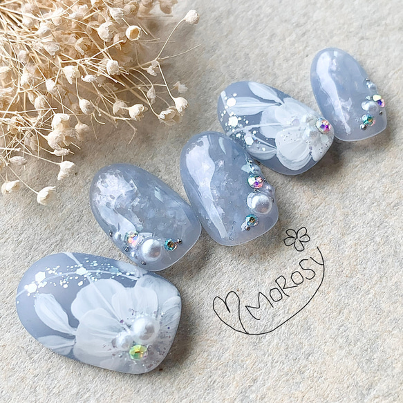 ネイルチップ ブライダル 結婚式 ウェディング 花嫁 フルオーダーネイル シンデレラのガラスフレンチネイル ネイルチップ ブライダル