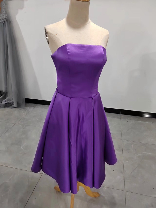 エレガント パーティードレス パープル ベアトップ 編み上げ 細見えシルエット