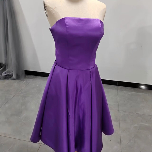 エレガント パーティードレス パープル ベアトップ 編み上げ 細見え  