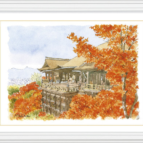 水彩で描く風景画『京都 清水寺』ジグレ版画（額付き） 版画