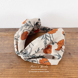 時尚亞麻橙色花卉圖案頭巾髮帶天然材質 第1張的照片